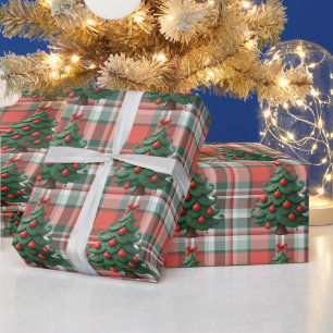 Cosy Plaid Green Christmas Trees Wrapping Paper