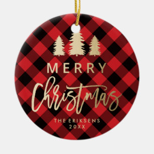 Cosy Plaid Red and Black Buffalo Plaid Photo Ceramic Ornament