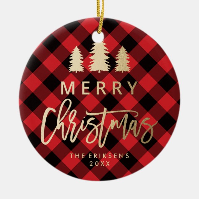 Cosy Plaid | Red and Black Buffalo Plaid Photo Ceramic Ornament (Front)