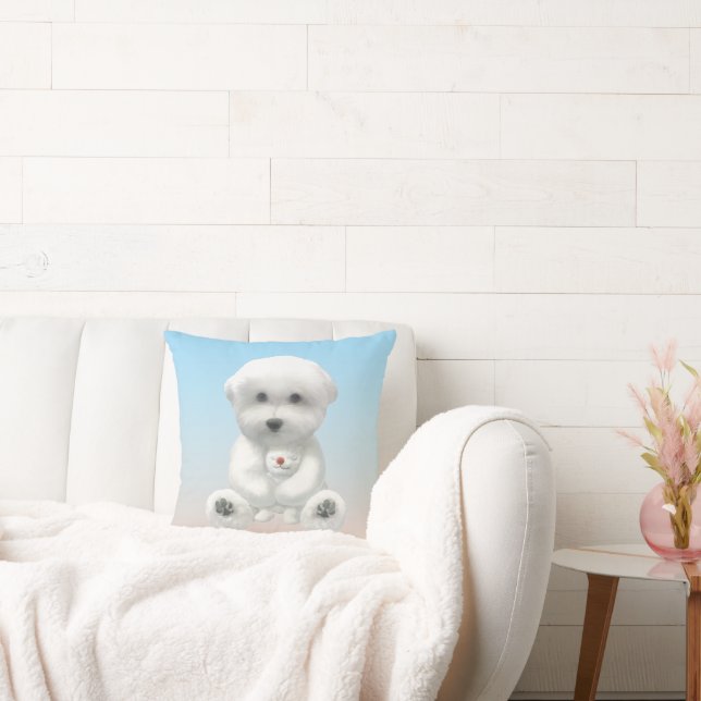 Cosy Plush Moment: Smiling Bichon Hugging Mini Pup Cushion (Couch)