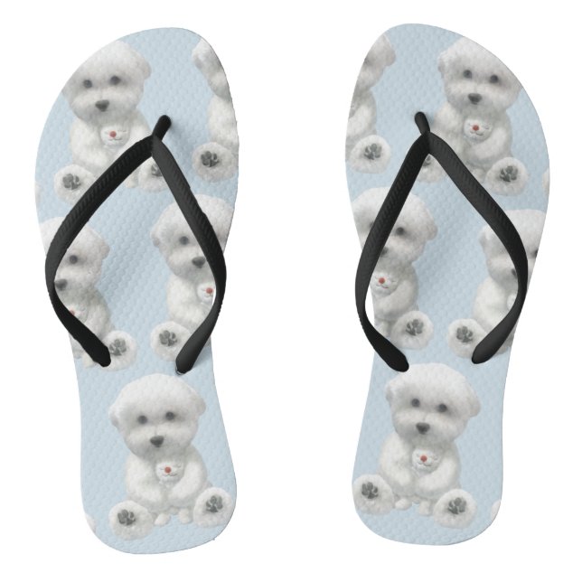 Cosy Plush Moment: Smiling Bichon Hugging Mini Thongs (Footbed)