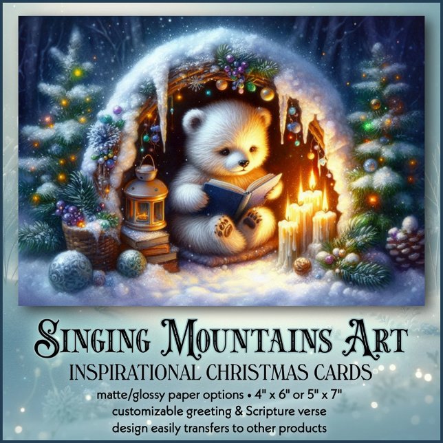 Cosy Polar Bear Reading Bible Christian Christmas Holiday Card (Creator Uploaded)