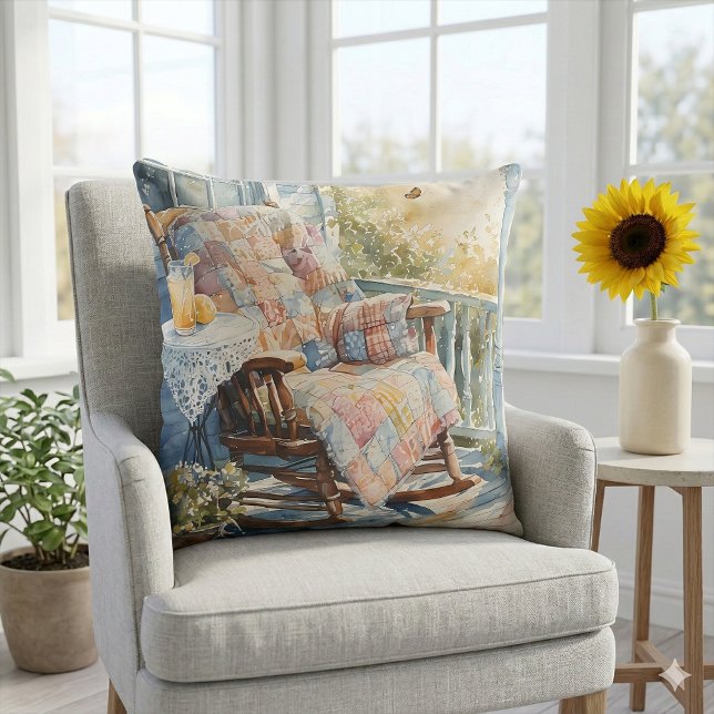 Cosy Porch with Quilt and Lemonade Charm Cushion (Cozy Porch with Quilt and Lemonade Charm Throw Pillow Mockup A)