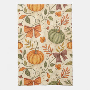 Cosy Pumpkin Botanical Autumn Seamless Pattern Tea Towel