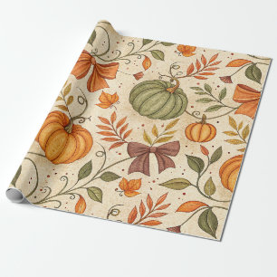 Cosy Pumpkin Botanical Autumn Seamless Pattern Wrapping Paper