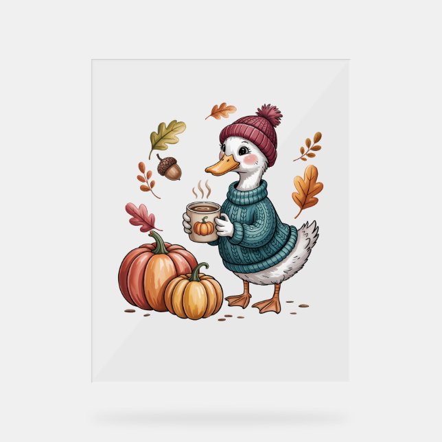 Cosy Pumpkin Coffee Goose Fall Art Acrylic Sign (Front)