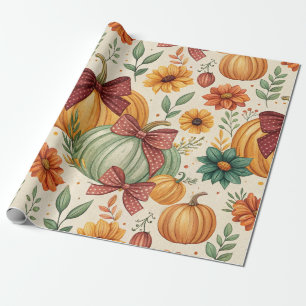 Cosy Pumpkin Floral Autumn Seamless Pattern Wrapping Paper