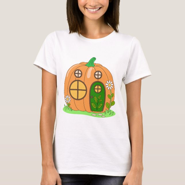 Cosy Pumpkin House Cute Autumn Fall Cartoon Design T-Shirt (Front)