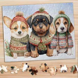 Cosy Puppy Dog Festive Cute Puppies Christmas Jigsaw Puzzle