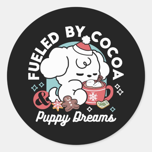 Cosy Puppy Dreams – Hot Chocolate and Christmas Classic Round Sticker (Front)