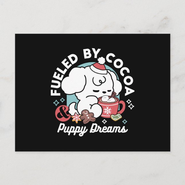 Cosy Puppy Dreams – Hot Chocolate and Christmas Holiday Postcard (Front)