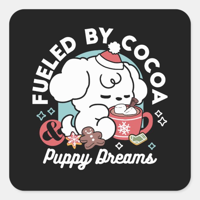 Cosy Puppy Dreams – Hot Chocolate and Christmas Square Sticker (Front)