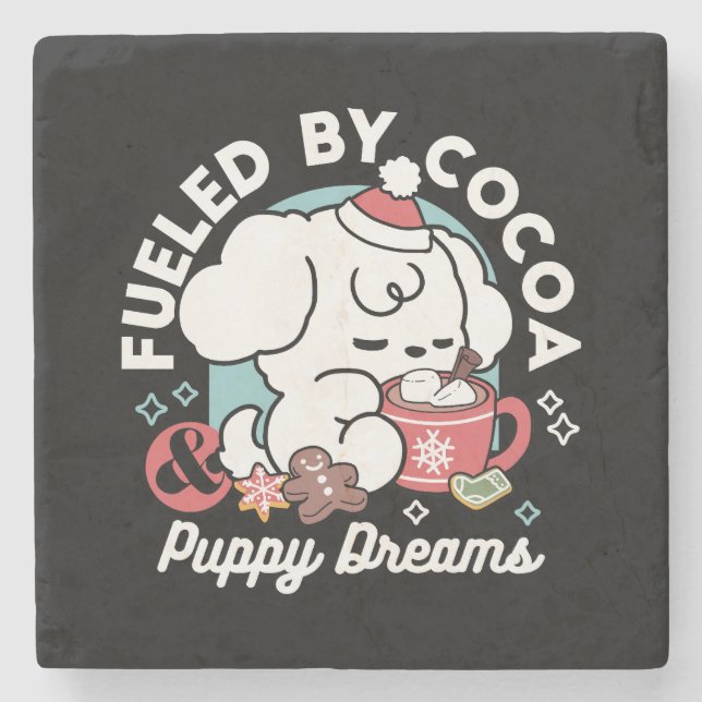 Cosy Puppy Dreams – Hot Chocolate and Christmas Stone Coaster (Front)