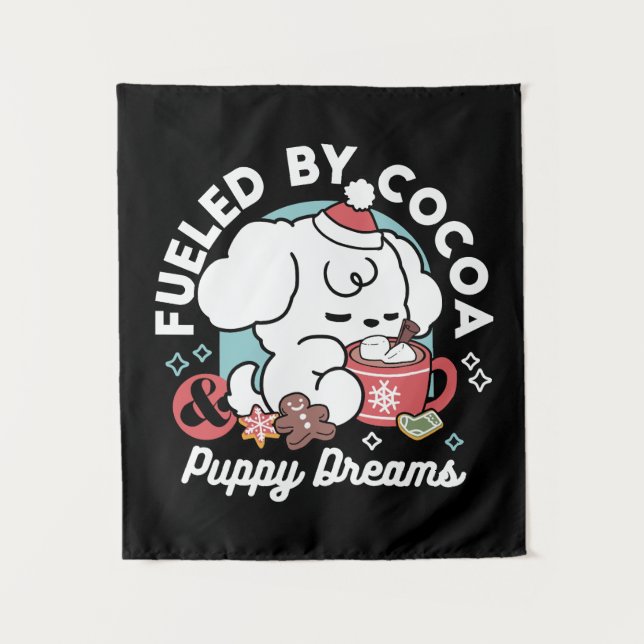 Cosy Puppy Dreams – Hot Chocolate and Christmas Tapestry (Front)