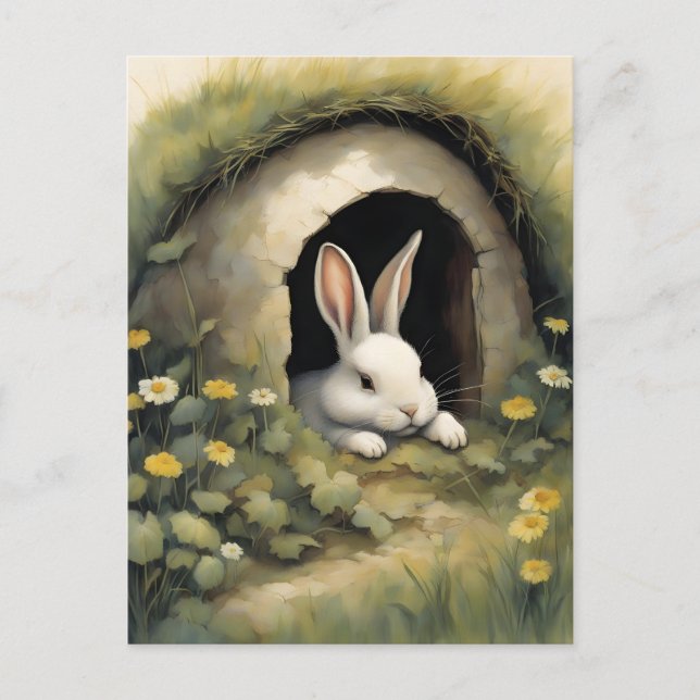 Cosy Rabbit in a Flowering Burrow Postcard (Front)