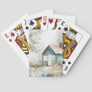 Cosy Rainy Cottage Wildflower Garden Scene Playing Cards