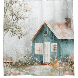 Cosy Rainy Cottage Wildflower Garden Scene Shower Curtain