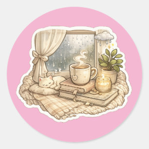 Cosy Rainy Day Cat Coffee Aesthetic Classic Round Sticker