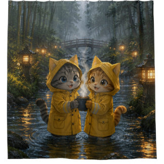Cosy Rainy Day Cats In Yellow Raincoats Shower Curtain