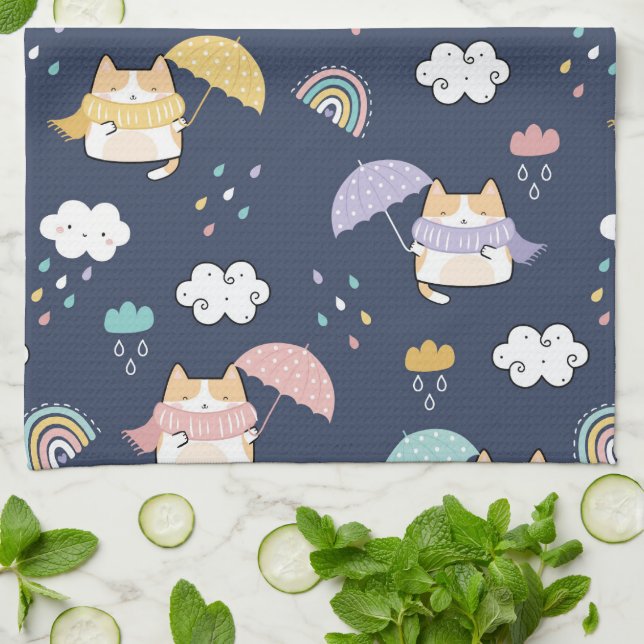 Cosy Rainy Day Pattern Kitchen Towel (Folded)