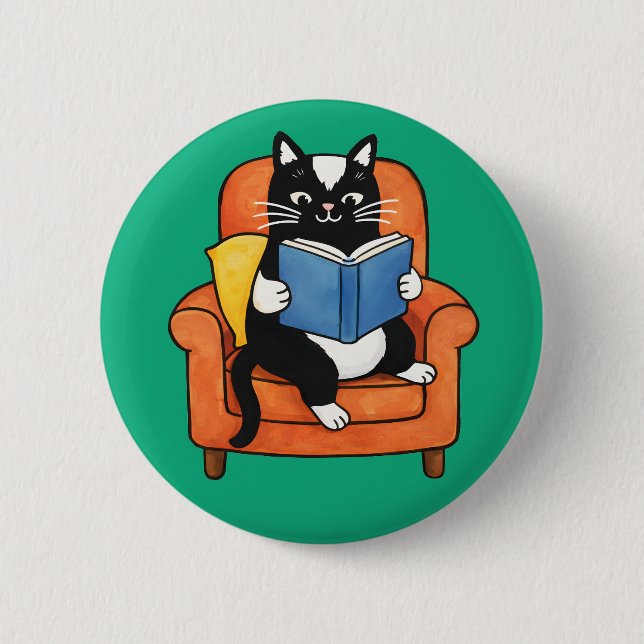 Cosy Reading Cat in Armchair Book lover 6 Cm Round Badge (Front)