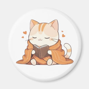 Cosy Reading Cat Kawaii Bookworm Kitten Design Magnet