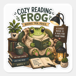 Cosy Reading Frog – Books • Tea • Peace Square Sticker