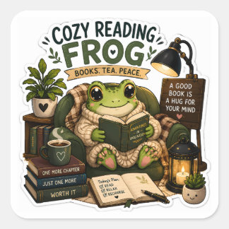 Cosy Reading Frog – Books • Tea • Peace Square Sticker