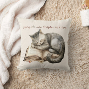 Cosy Reading Pillow with Cute Sleeping Kitten