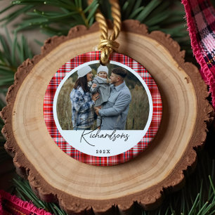 Cosy Red and White Plaid fabric Family Photo Ceramic Ornament
