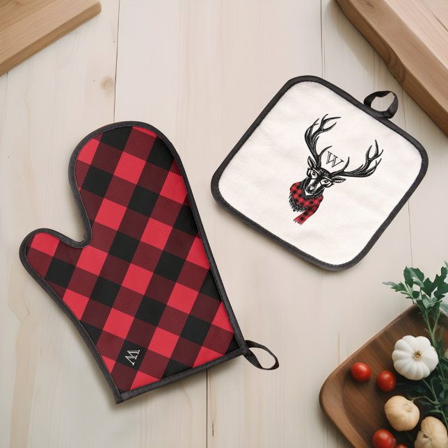 Cosy Red & Black Buffalo Plaid Deer Monogram Oven Mitt & Pot Holder Set (Cozy Red & Black Buffalo Plaid Deer Monogram Oven Mitt & Pot Holder Set)