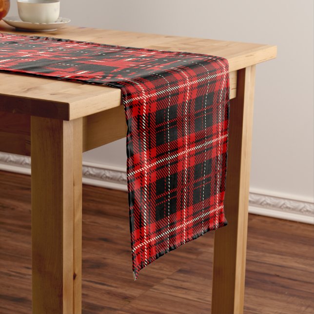 Cosy Red, Black, Cream Plaid Short Table Runner (In Situ)