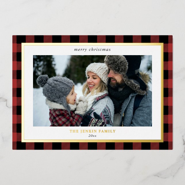 Cosy Red Black Plaid Border 3 Photos Christmas Foil Holiday Card (Front)