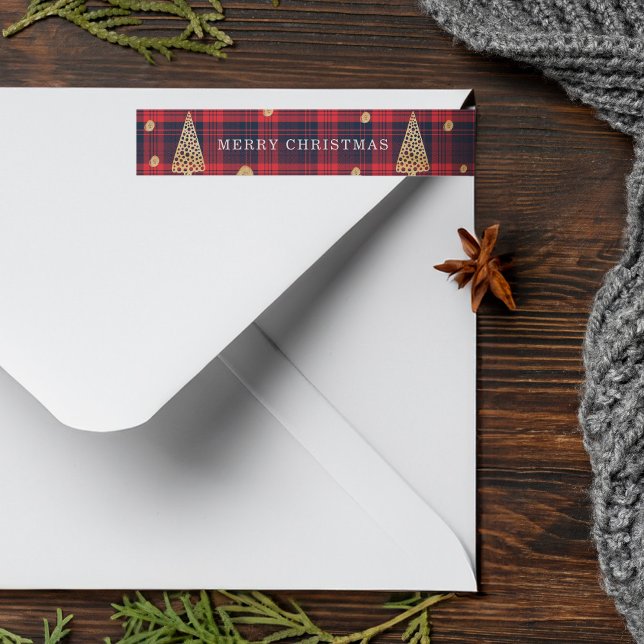 Cosy Red & Blue Plaid Modern Christmas Tree Wrap Around Label (Cozy Red & Blue Plaid Modern Christmas Tree Wrap Around Label)