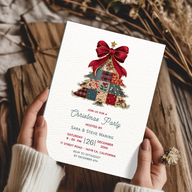 Cosy Red Chic Patchwork Bow Christmas Party Invitation (Creator Uploaded)