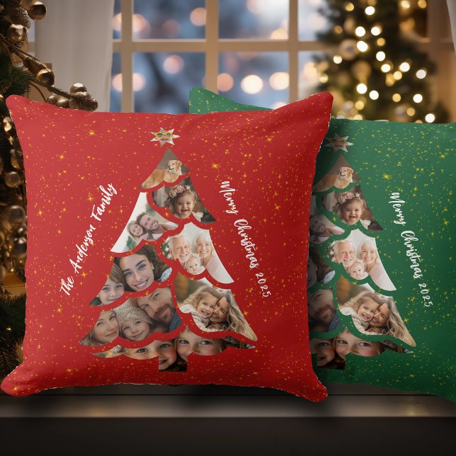 Cosy Red Green Christmas Tree Family Photo Collage Cushion (Cozy Red and Green Family Photo Collage in a  Christmas Tree shape, customize with 9 photos and text)