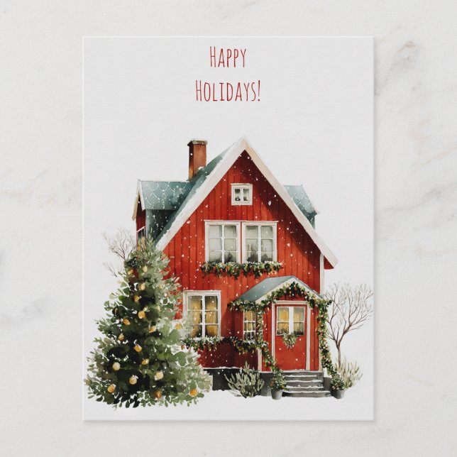 Cosy red house with festive decorations  holiday postcard (Front)