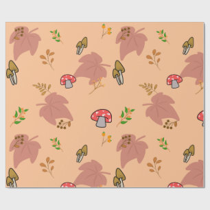 Cosy Red Mushroom and Autumn Leaves Pattern Wrapping Paper