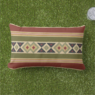 Cosy Red Ochre Yellow Olive Green Ikat Stripes Art Lumbar Cushion