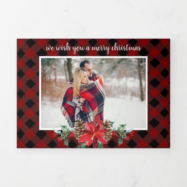 Cosy red plaid multi photo Christmas Tri-Fold Holiday Card (Cover)