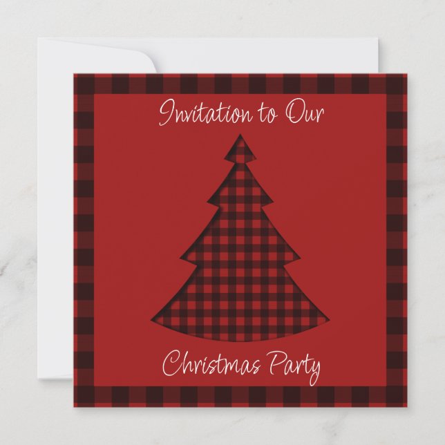 Cosy Red Plaid Pattern Christmas Tree Invitation (Front)
