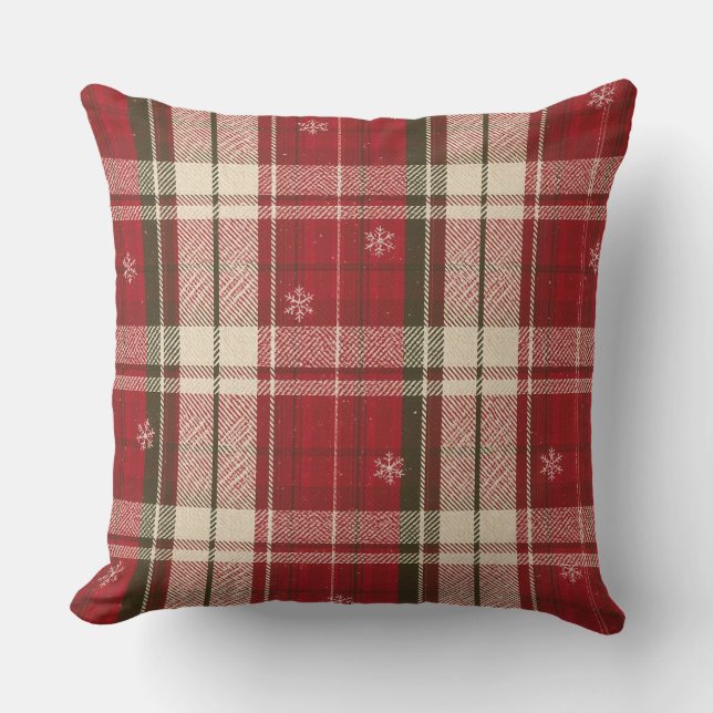 Cosy Red Plaid Snowflake Christmas Throw Pillow (Front)