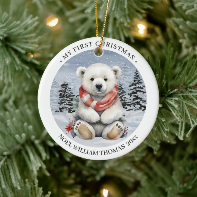 Cosy Red Scarf Polar Bear Baby's First Christmas Ceramic Ornament (Tree)