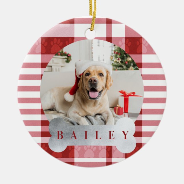 Cosy Red & White Plaid Paw Print Pet Photo Ceramic Ornament (Front)