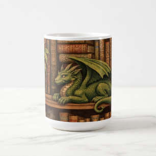 Cosy retro book shelf dragon coffee tea lover mug