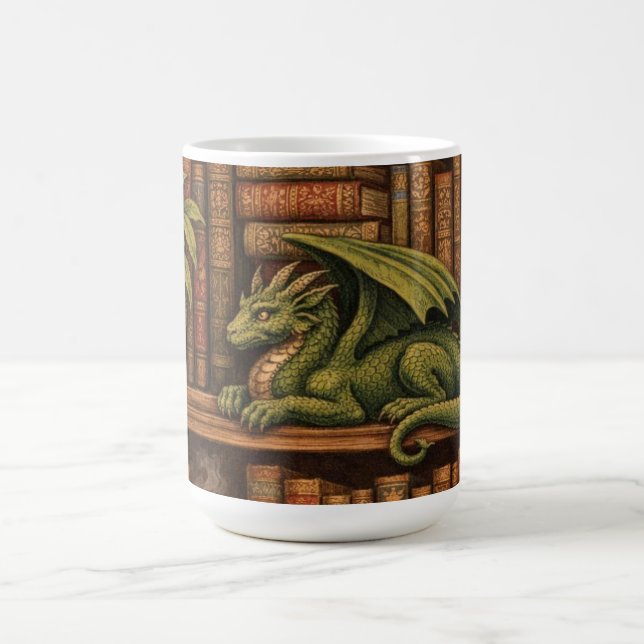 Cosy retro book shelf dragon coffee tea lover mug (Center)