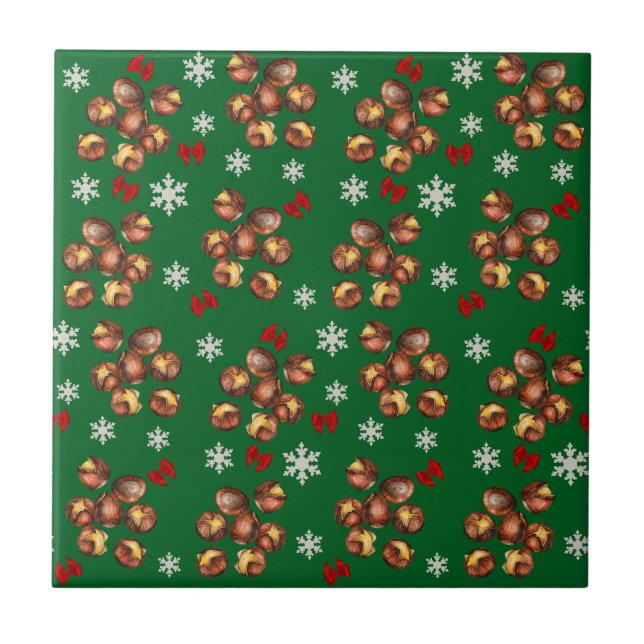 Cosy Roasted Chestnuts  And Snowflakes Winter Ceramic Tile (Front)
