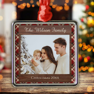 Cosy Rustic Plaid Family Christmas Photo Ornament