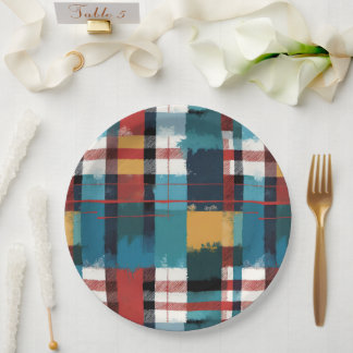 Cosy Rustic Winter Plaid in Teal Red and Yellow Paper Plate