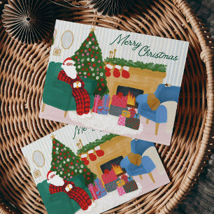 Cosy Santa in Pyjamas Illustrated Christmas Card